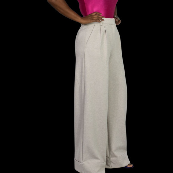 Express Stylist High Rise Pleated Wide Leg Trouser Beige Knit Cuffed Pant 2 Long - Picture 6 of 15